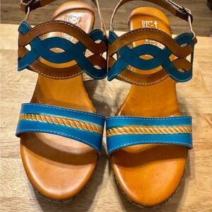Womens Teal and Brown Leather Woven Strap Sandals - Ankle Buckle